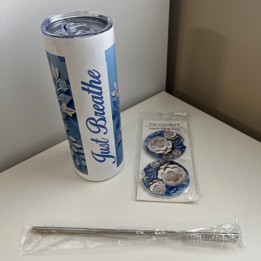 Custom Printed 20oz Tumbler Just Breathe Bonus Car Coasters Lid Straw Cleaner